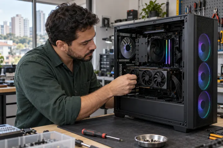 Técnico examinando os componentes de um computador gamer