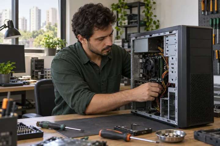 Imagem ilustrativa de técnico avaliando componentes de um computador
