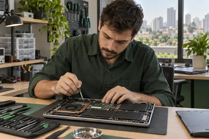 Imagem ilustrativa de técnico avaliando componentes de um notebook