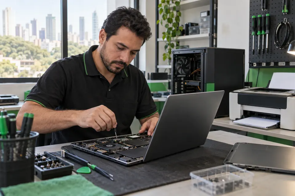Imagem ilustrativa de técnico avaliando notebook, com impressora e computador na bancada