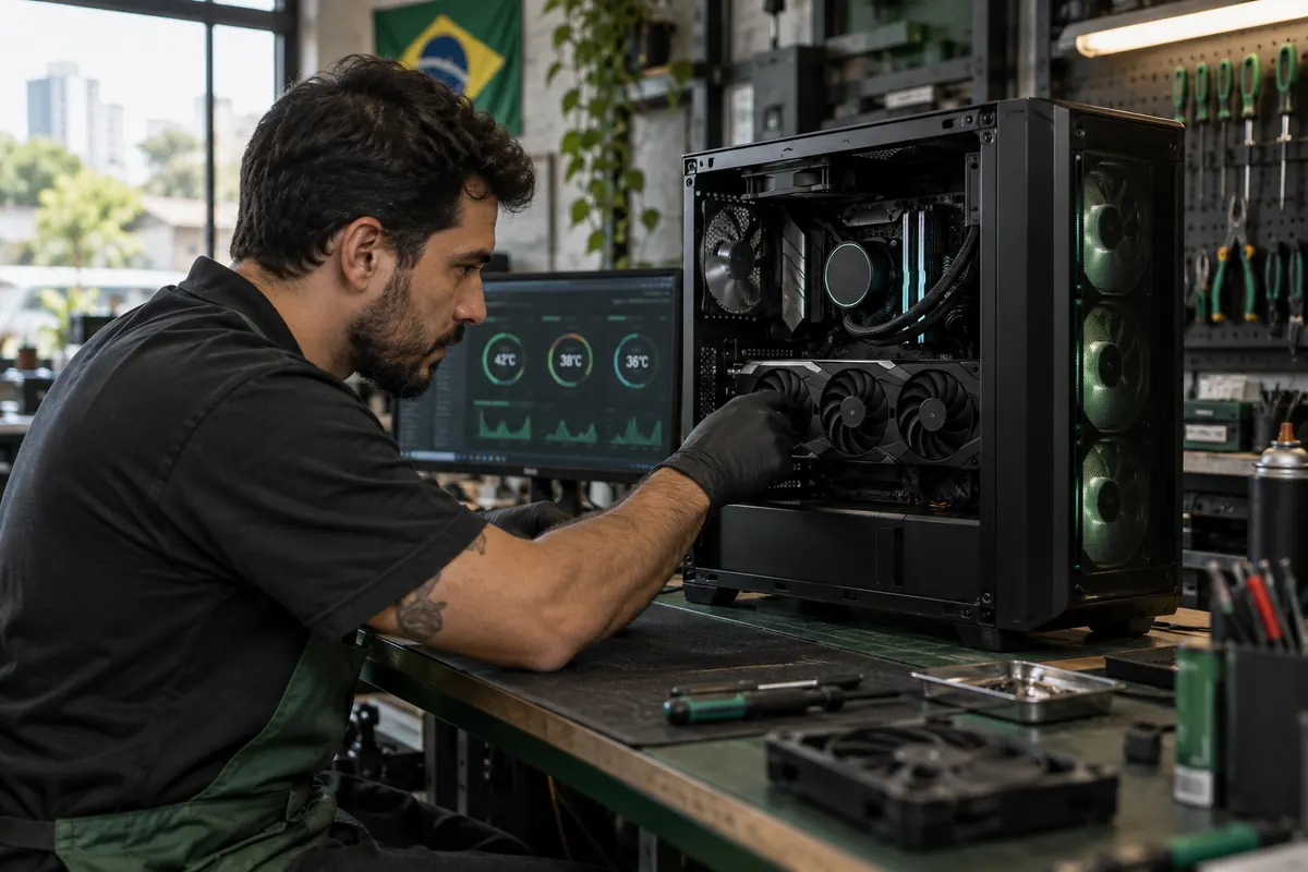 Técnico avaliando componentes e ventilação de um computador gamer aberto