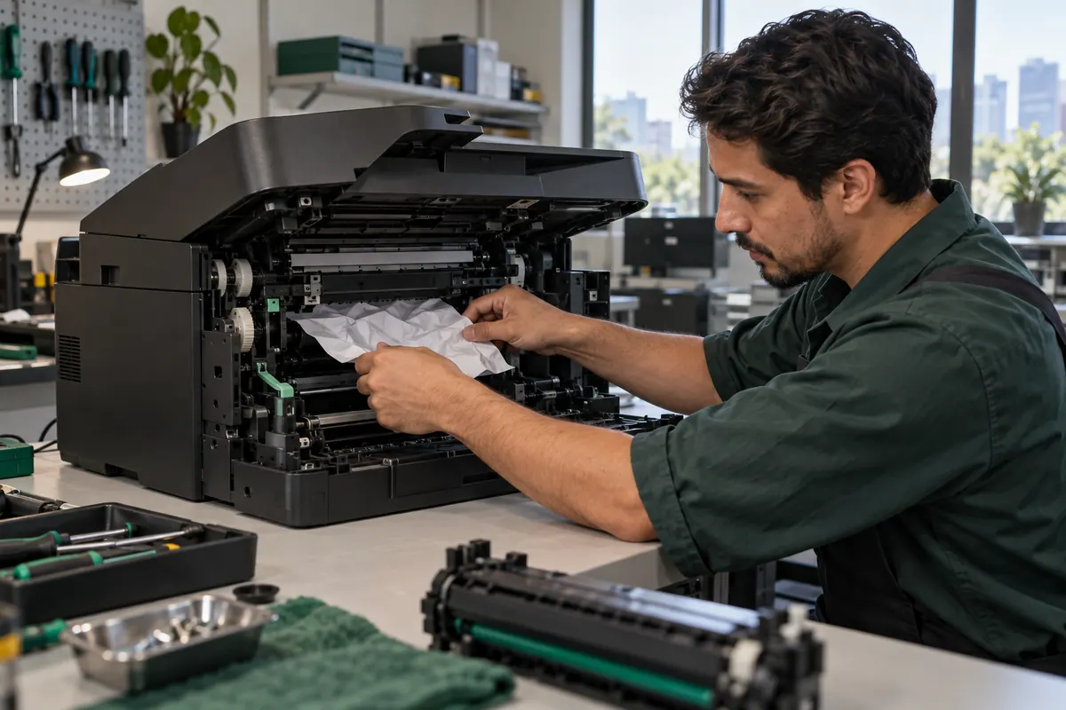 Técnico retirando cuidadosamente uma folha presa no trajeto de uma impressora