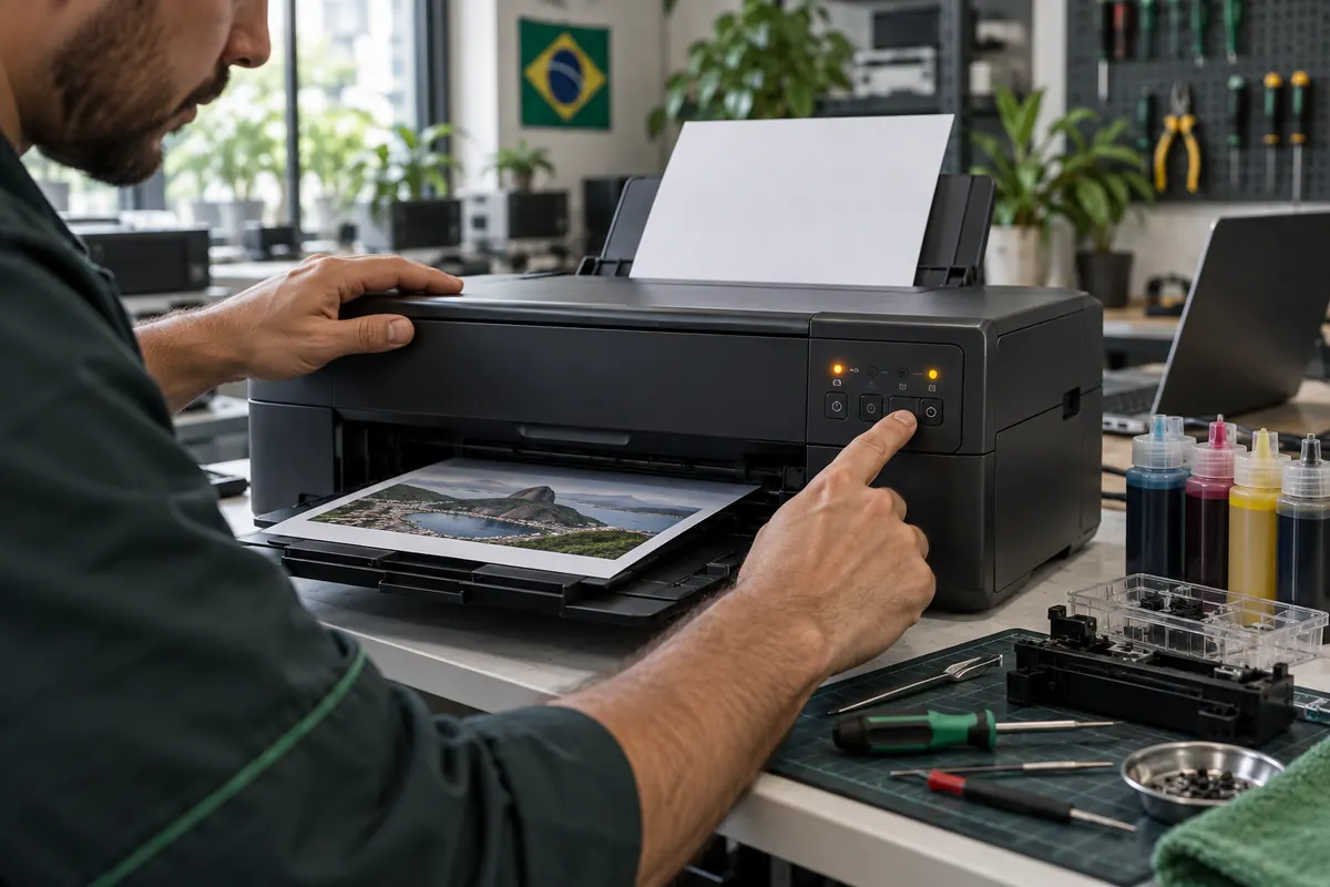 Técnico observando luzes de alerta no painel de uma impressora em bancada