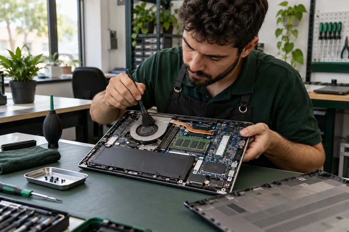 Técnico verificando a ventilação e a ventoinha de um notebook aberto