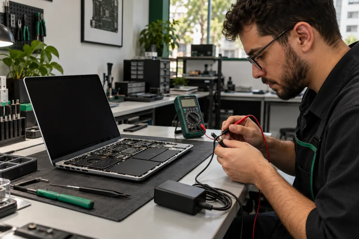 Técnico examinando carregador e entrada de energia de um notebook em bancada