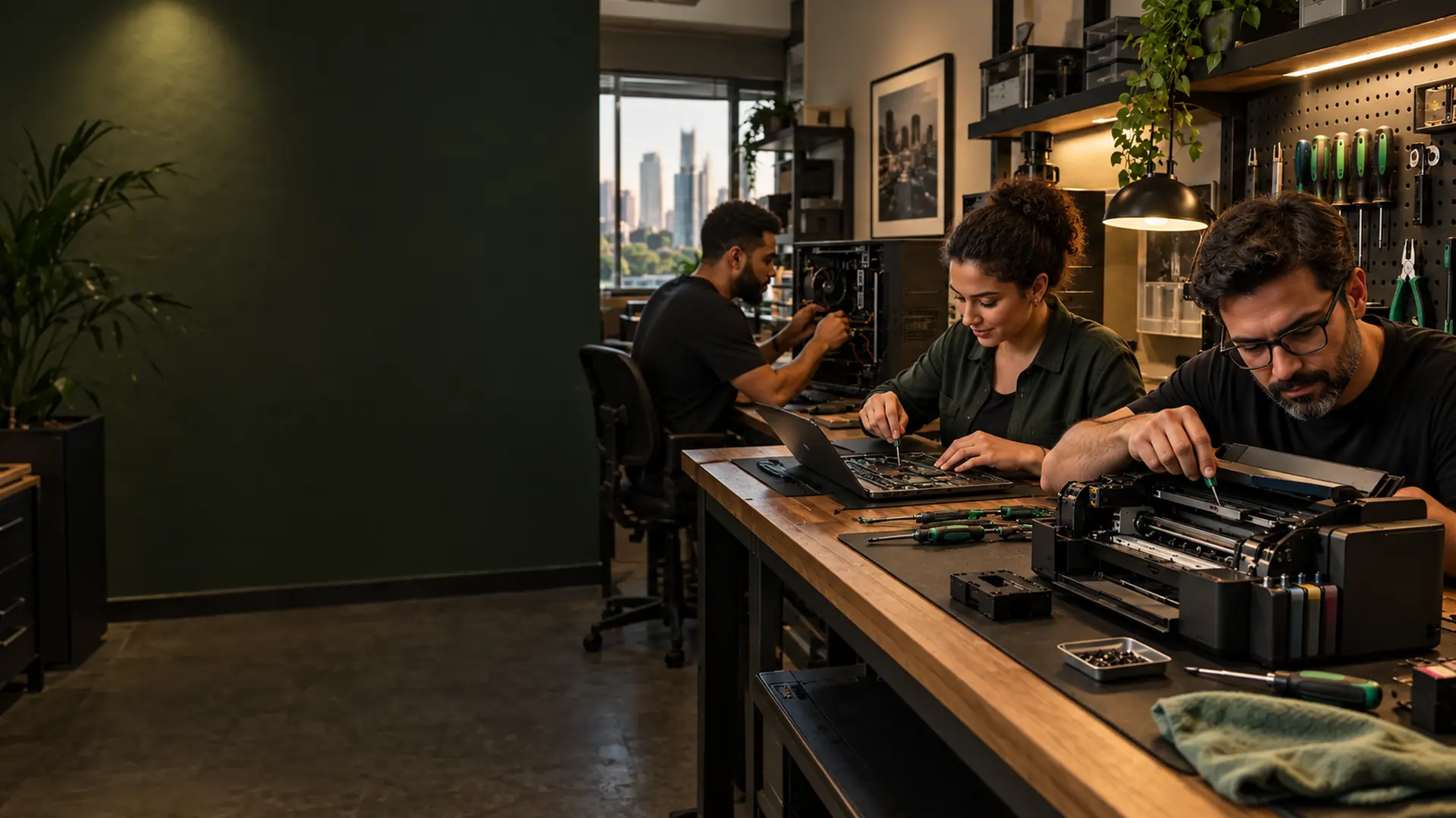 Equipe ilustrativa de assistência técnica trabalhando em impressora, notebook e computador em São Paulo