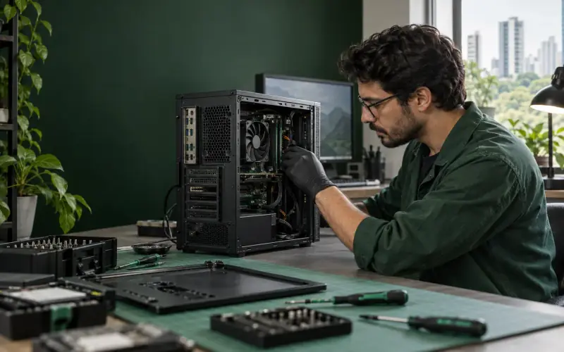 Técnico avaliando componentes internos de computador de mesa em São Paulo