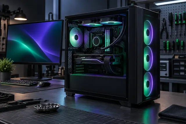 Imagem ilustrativa de computador gamer com componentes iluminados em bancada técnica