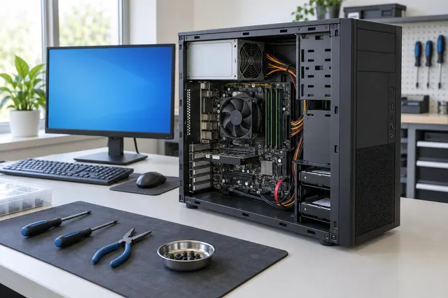 Imagem ilustrativa de computador de mesa aberto para diagnóstico técnico