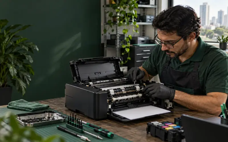 Técnico avaliando impressora aberta em bancada de assistência técnica em São Paulo