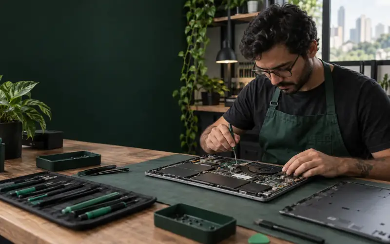 Técnico avaliando componentes internos de notebook em São Paulo