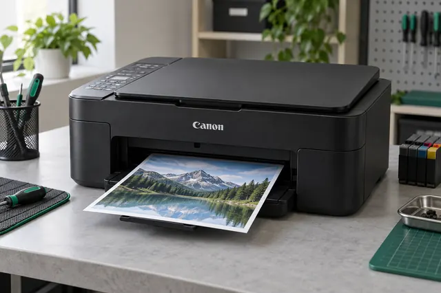 Imagem ilustrativa de impressora Canon multifuncional em oficina técnica