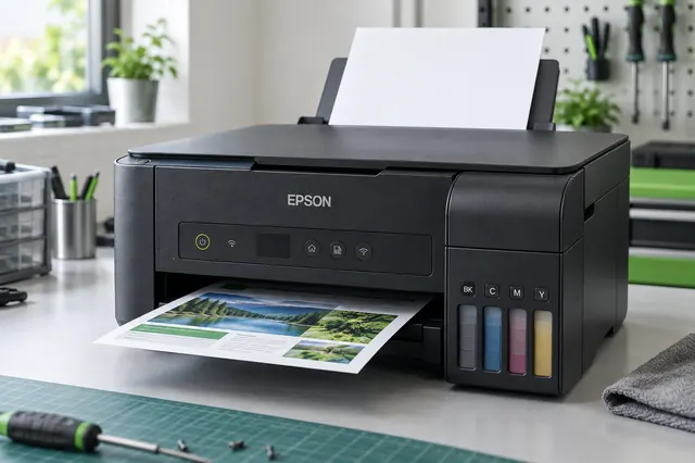 Imagem ilustrativa de impressora Epson com tanque de tinta em bancada técnica