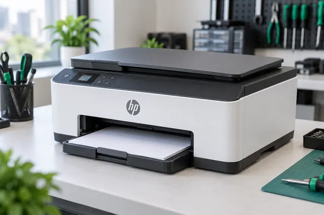 Imagem ilustrativa de impressora HP em bancada de assistência técnica