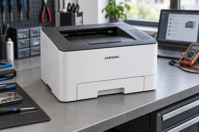 Imagem ilustrativa de impressora Samsung a laser em mesa de assistência