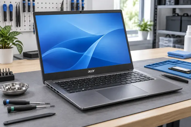 Imagem ilustrativa de notebook Acer aberto em oficina de reparo