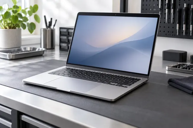 Imagem ilustrativa de MacBook em bancada de assistência técnica