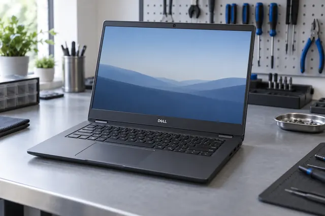 Imagem ilustrativa de notebook Dell em bancada de assistência técnica