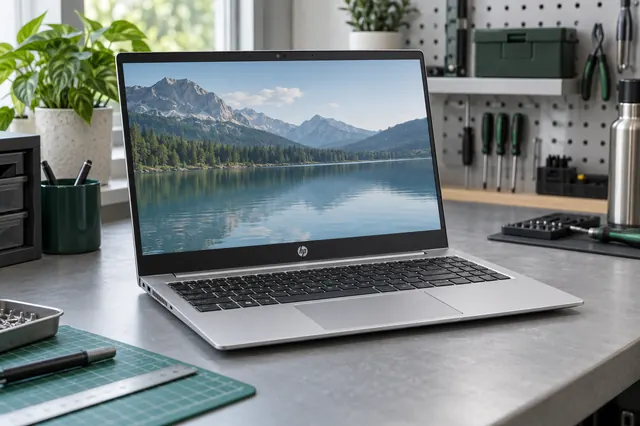 Imagem ilustrativa de notebook HP em mesa de manutenção técnica