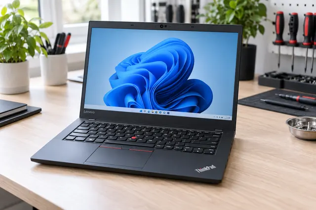 Imagem ilustrativa de notebook Lenovo em bancada para diagnóstico