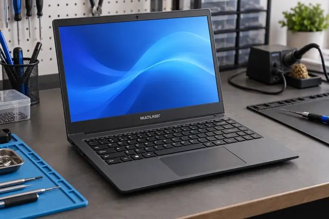 Imagem ilustrativa de notebook Multilaser em mesa de assistência