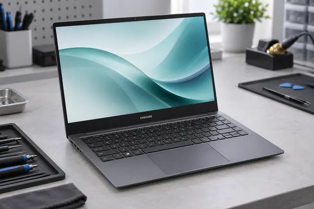 Imagem ilustrativa de notebook Samsung em bancada de reparo