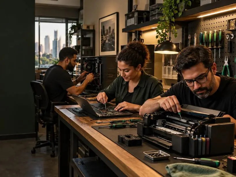 Equipe ilustrativa avaliando impressora, notebook e computador em bancada de assistência técnica